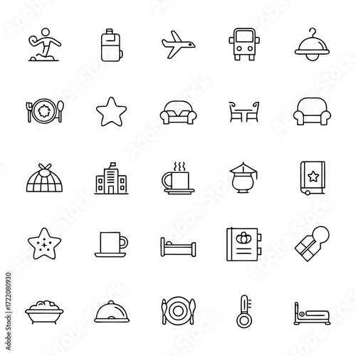 Collection of thin line icons representing travel and hospitality services