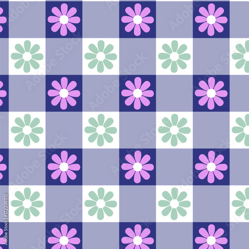 Colorful gingham check seamless pattern design with cute daisy flower