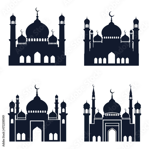 Four silhouette mosque designs islamic architecture symbols religious buildings faith worship places middle eastern structures