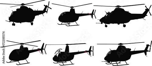 Collection of helicopter silhouettes, military helicopters, transport choppers, aviation icons, black vector illustration for flight, travel, rescue, transport, air vehicles