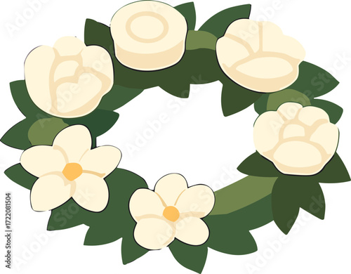The image shows a funeral wreath made of white flowers and green leaves, symbolizing remembrance, respect, and condolences.