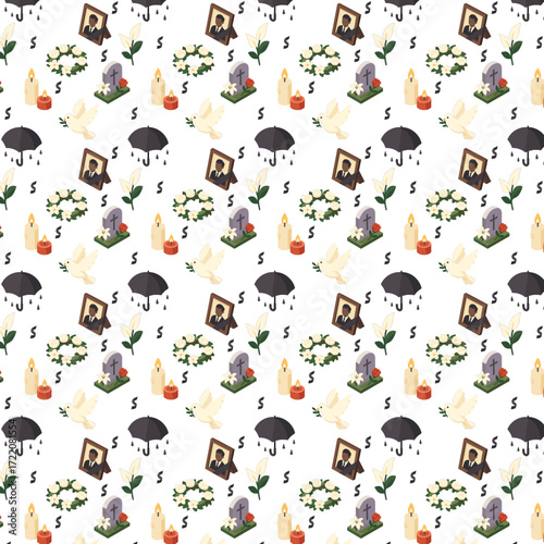The image is a seamless funeral-themed pattern featuring icons such as candles, doves, tombstones, wreaths, black ribbons, flowers, umbrellas, and memorial portraits on a white background.