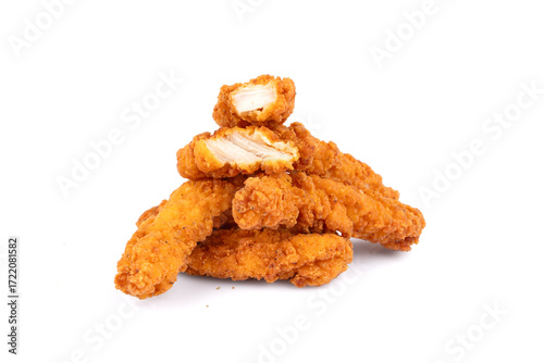 Fried chicken breast strips on white background. Isolated chicken crisps
