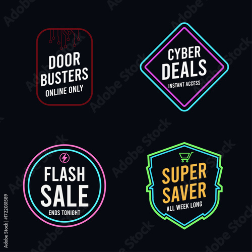 Collection of four glowing neon sale badges for online shopping promotions including door busters cyber deals flash sale and super saver