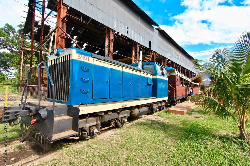 Obraz premium Locomotora diésel azul y negra estacionada junto a una estructura industrial antigua con techo de chapa y metal oxidado. El entorno incluye césped verde, una palmera en primer plano y cielo parcialmen