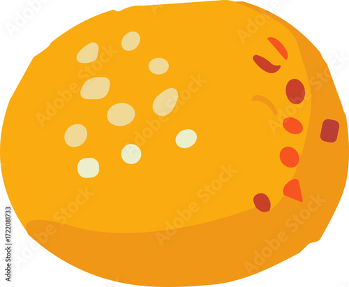 The image shows a stylized illustration of a yellow-orange passion fruit with scattered white and red seeds on its surface.