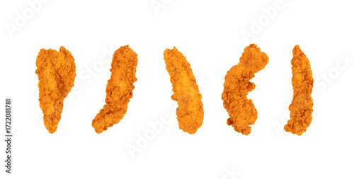 Fried chicken breast strips on white background. Isolated chicken crisps