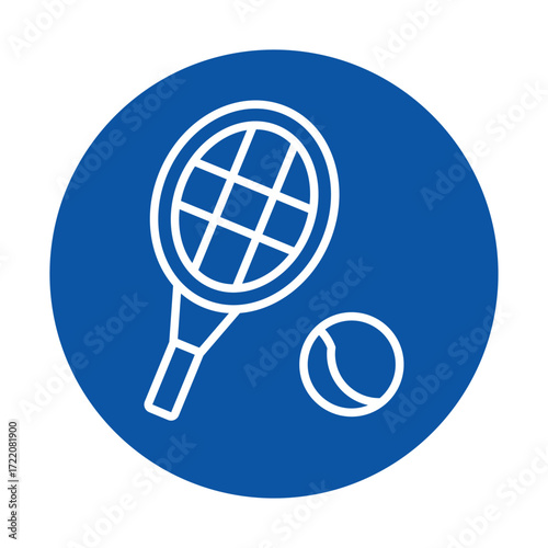 Tennis Equipment Icon with Racket and Ball on Blue Background