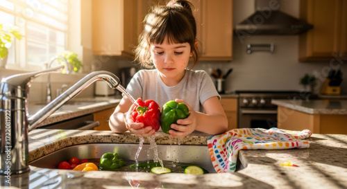 A diligent young girl washes vibrant bell peppers in a bright kitchen, actively engaging in Quick Healthy Meal Prep, fostering early nutrition habits for wholesome family meals