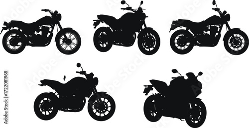 Collection of motorcycle silhouettes including sport bikes, classic bikes, cruiser motorcycles, modern motorbikes, black vector transport illustration for automotive design