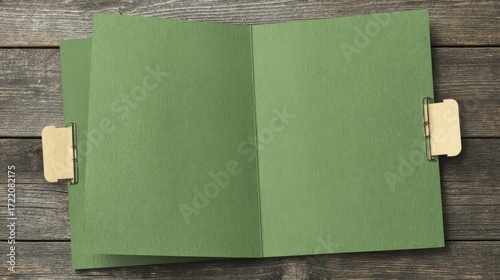 Open Green File Folder on Wood Mockup Design, Green Background, Rustic Texture File folder mockup, folder design