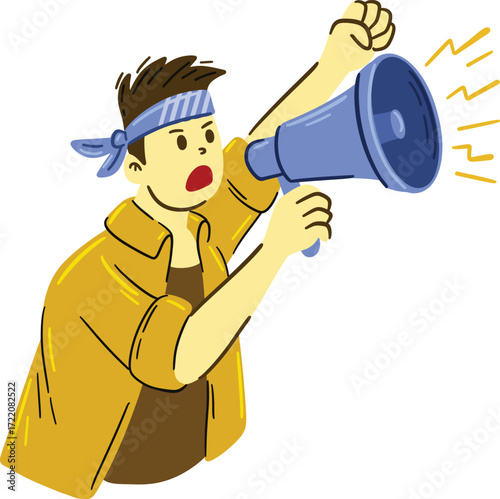 Person with megaphone and raised fist yellow jacket blue headband