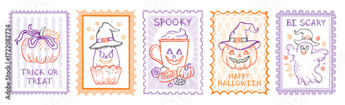 Halloween stamp. Vintage Halloween pumpkin postcard illustration. Vector autumn stamp pattern. Fall pumpkin, bow, ghost skull frame poster. Cute postcard design background. Vintage cozy autumn food bg