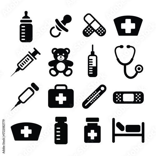 Modern Baby Healthcare Icon Set  Flat Line Symbols of Syringe, Cross, Medicine, Bed, Nurse, Bottle, and First Aid for Web UI & Mobile Apps