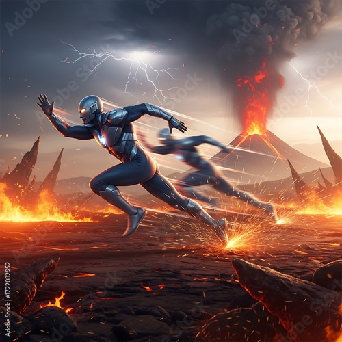 Futuristic Runners Across Volcanic Landscape.