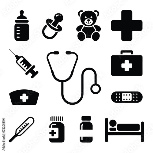 Flat Medical Icons for Pediatric and Baby Healthcare  Bottle, Pacifier, Teddy Bear, Pills, First Aid, Hospital Essentials for App & Print Design