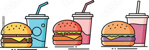 Three colorful burgers and drinks arranged side-by-side, perfect for fast food concepts.
