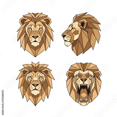 Majestic lion heads geometric art set four views powerful king of jungle royalty animal