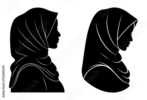Vector art of two muslim women wearing a hijab in silhouette, representing culture and religion