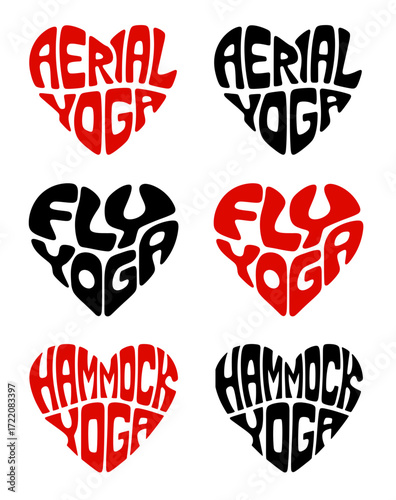Heart-shaped sticker set in colorful and black design promoting aerial hammock yoga