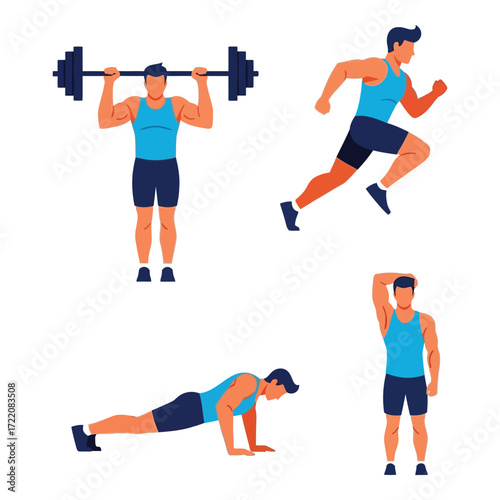 Active man performing various fitness exercises including lifting weight running and pushups