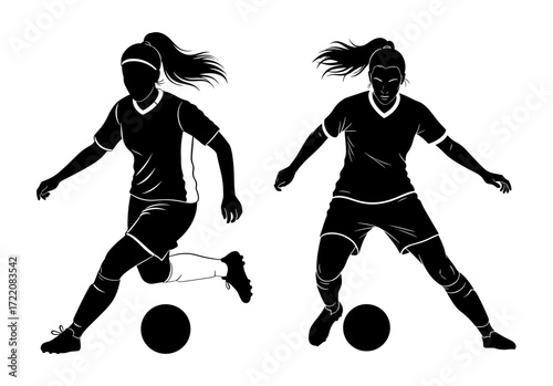 Vector art of two female soccer players dribbling the ball, showcasing athleticism and teamwork