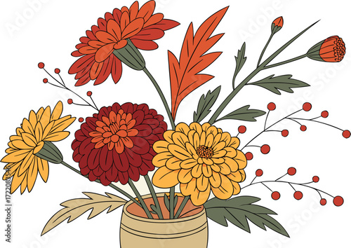 Vector autumn bouquet chrysanthemums marigolds seasonal flowers floral illustration scalable eps