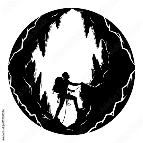 Vector art of silhouette of a climber ascending a cave wall, showcasing adventure and exploration in a dark environment
