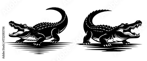 Vector art of two alligator icons with open mouth, one facing each other