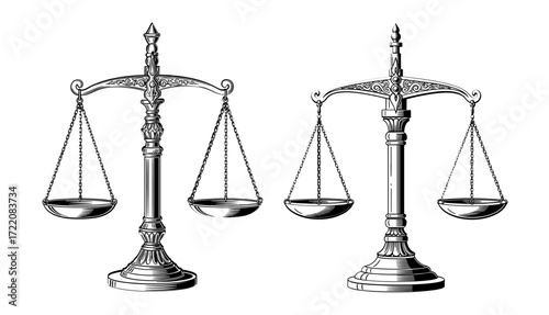 Vector art of vintage scales of justice illustration, symbolizing law and fairness concept
