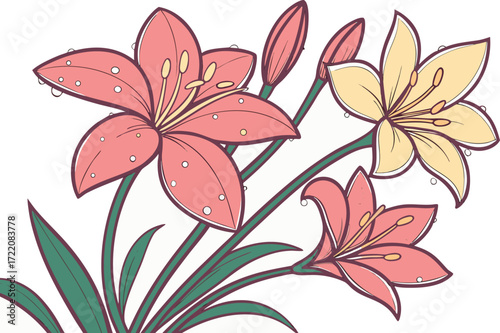 Scalable vector illustration of a white lily bouquet with delicate dewdrops