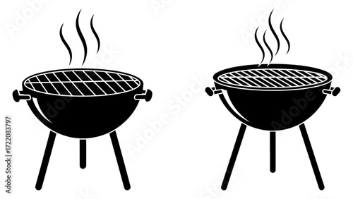 Vector art of two barbecue grills, one on the left and one on the right, in black and white