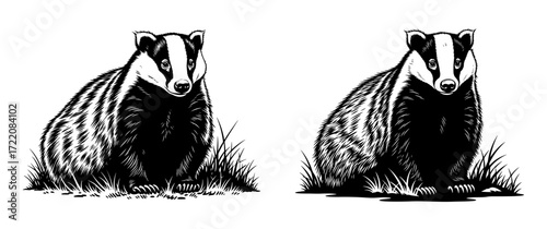 Vector art of two european badgers, showcasing the mammals distinctive black and white markings
