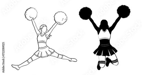 Vector art of two cheerleaders with pompoms, one in outline and one in silhouette