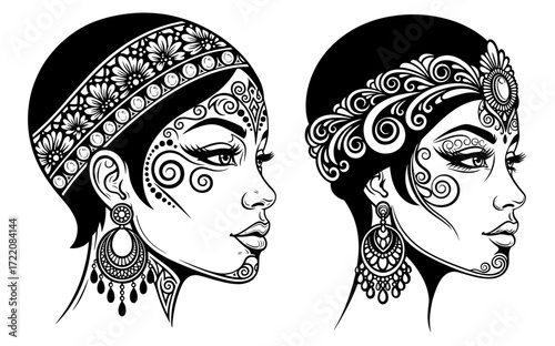 Vector art of two beautiful women with jewelry and headbands in black and white vector art