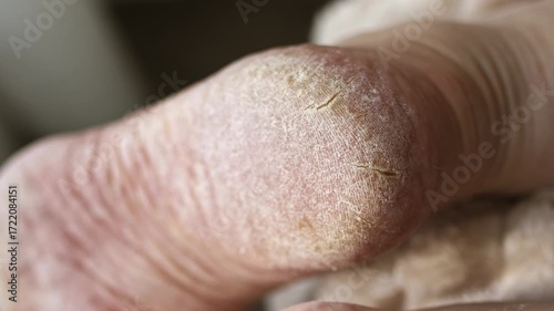 A deep cracked heel with roughened skin on the foot.  Dry heels on problem skin, lack of pedicure and care and  fungal infections.