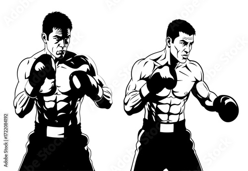 Vector art of two muscular boxers are shown in a dynamic stance, ready to fight