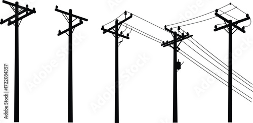 Electric utility pole silhouette vector illustration with power lines, transmission wires, urban energy design, distribution system, black electricity infrastructure clipart
