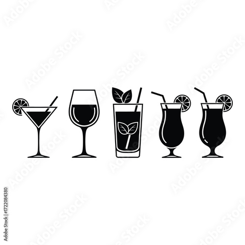 Collection of five different cocktail glasses and drinks with garnishes on a