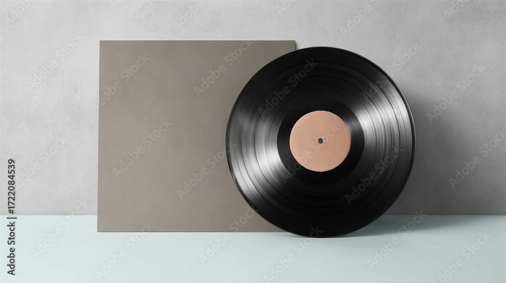 Obraz premium Vinyl Record Mockup Black Disc and Taupe Cover on Concrete, Music Album Design, Record Cover Template Vinyl, Mockup