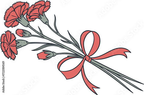 Vector illustration of a classic red carnation bouquet tied with a red satin ribbon