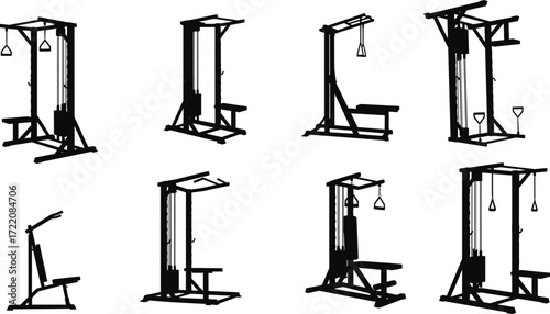 Gym fitness equipment silhouettes collection, workout exercise machine vector set, bodybuilding cable machine illustration, strength training workout station design