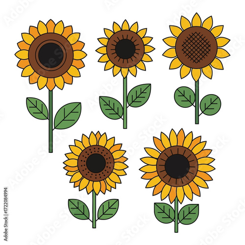 Vibrant collection of artistic sunflowers blooming with warm yellow petals and green stems