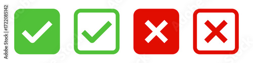 check mark icon button set. check box icon with right and wrong buttons and yes or no checkmark icons in green tick box and red cross. vector illustration