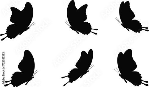 Set of butterfly silhouettes in flight with wings spread, black vector insect illustration isolated on white background for design use