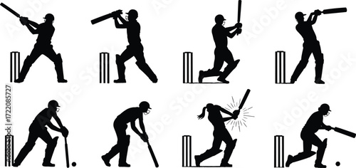 Cricket silhouettes, batting poses, fielding action, stumps, sports vector, black silhouettes, cricket icons, dynamic movement