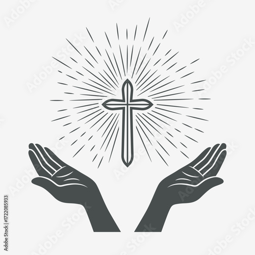 Black and White Open Hands with Cross and Divine Light, Symbol of Faith and Prayer. Design Template for Church Logo. Prayer, Religion Concept Monochrome Cut Out Silhouette Icon. Vector Illustration