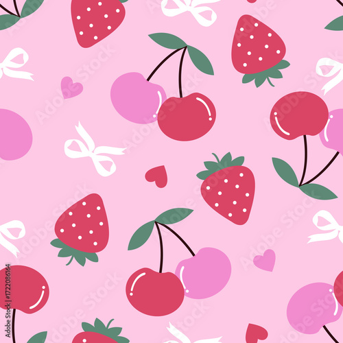 Red and Pink Sweet Fruit and White Bow Mix and Heart on Pink Backgr0und