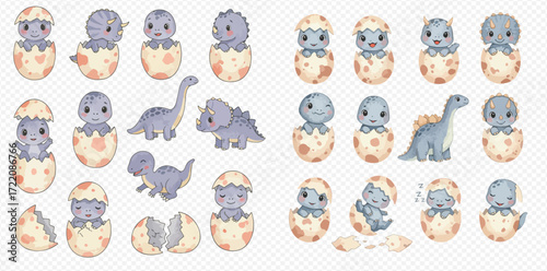 Collection of cute baby dinosaurs hatching from eggs, with various dinosaur types depicted.