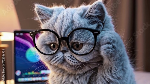 funny Little British Shorthair Kitten with glasses sits at the table in front of the laptop, waves his paw, adjusts his glasses. Remote work online learning concept. Selling training courses